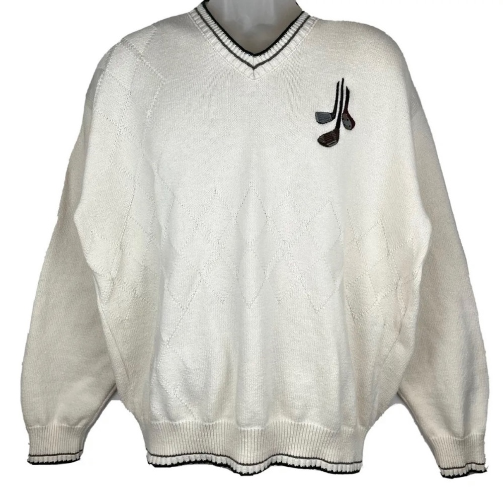 Vintage Pinnacle Men’s XL Cream V Neck‎ Golf Sweater 100% Cotton Argyle Knit